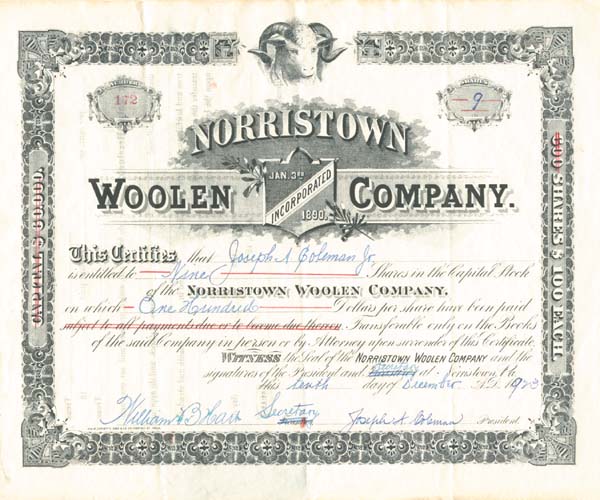 Norristown Woolen Co. - Stock Certificate